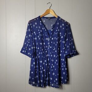 COCOMO SLINKY NAVY BLUE POLKA DOT POP OVER TUNIC PLEATED 3/4 SLEEVE WOMENS 2X